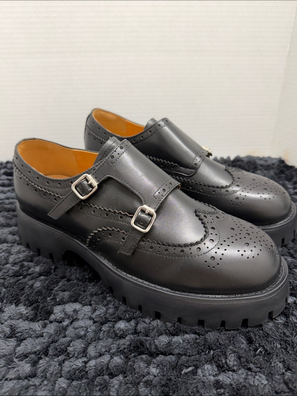 Black BEAU TODAY Double Monk Brogue Shoes for Men